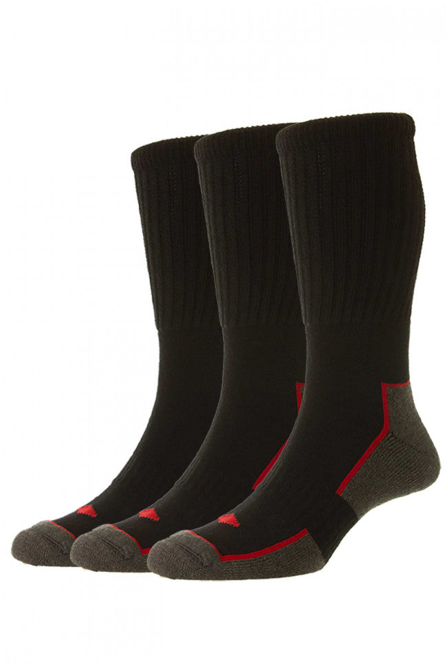 HJ Hall Men's Long Cotton Comfort Top Work Socks - 3 Pair Pack in Black Mix