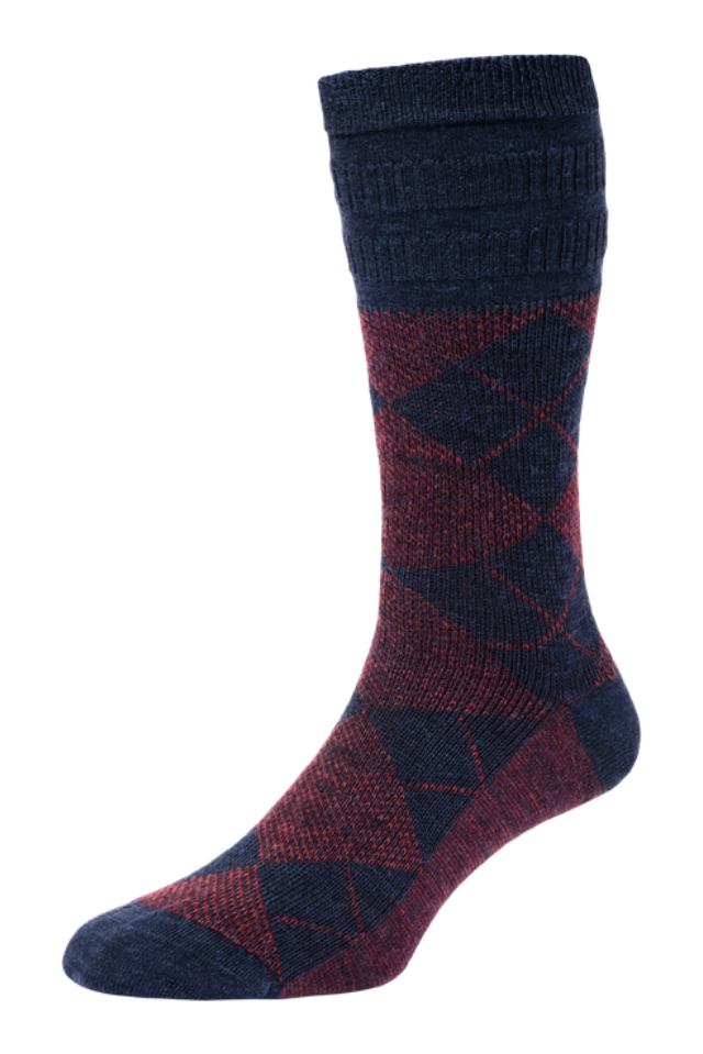 Argyle Wool Softop Socks In Dark Navy & Burgundy
