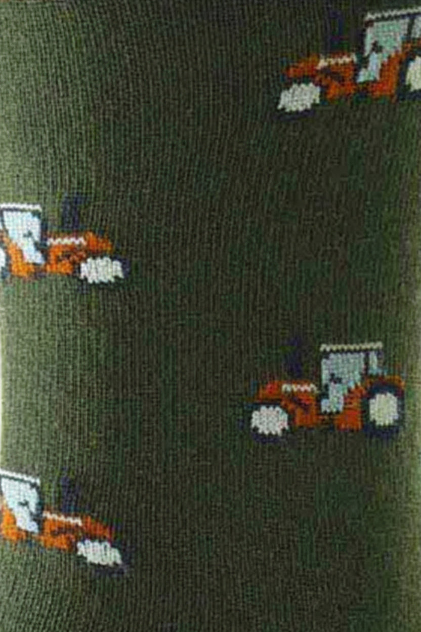 HJ Hall Men's Tractor Motif Cotton Socks in Olive – close-up detail