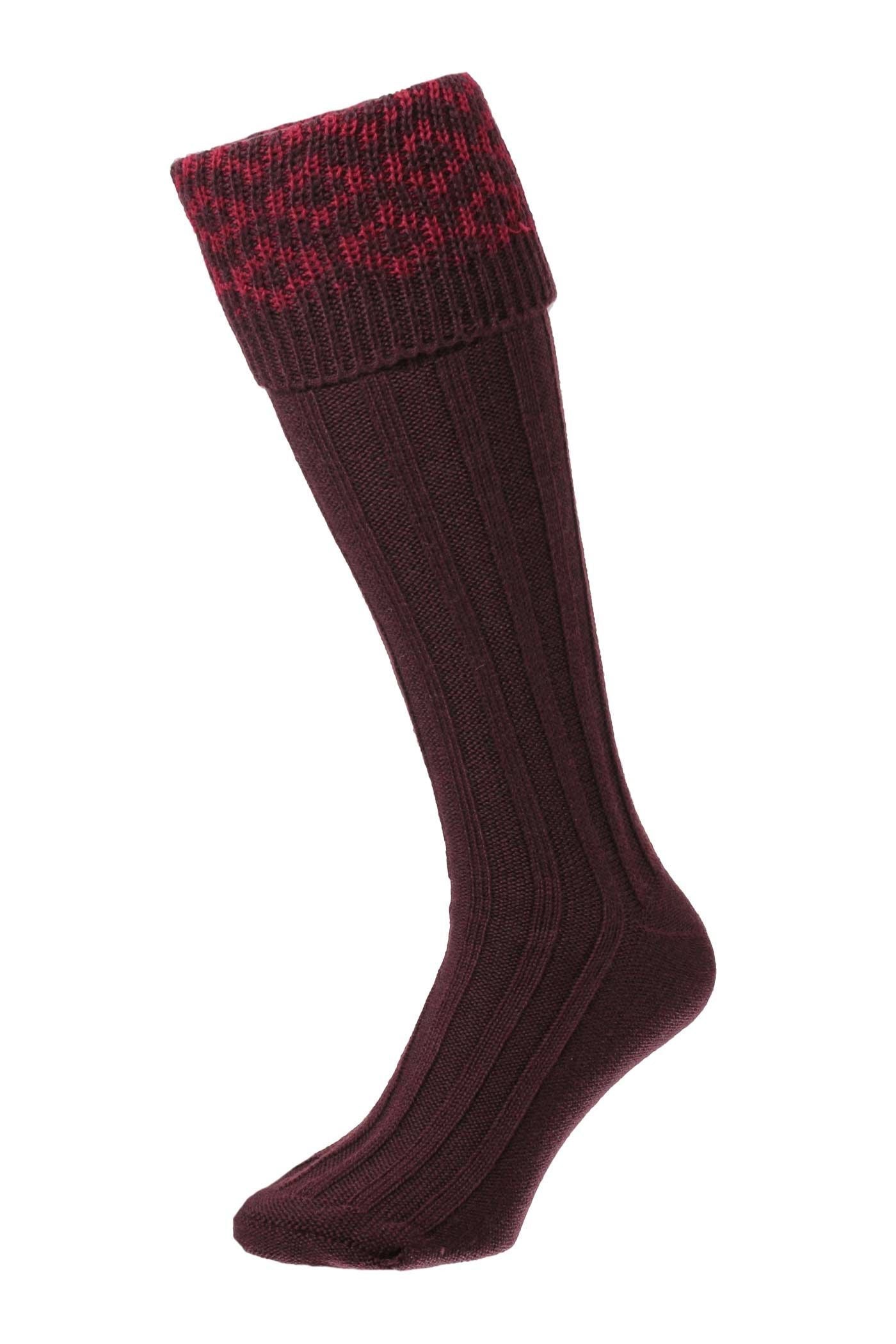 HJ Hall Men's Patterned Top Wool Rich Shooting Socks in Maroon