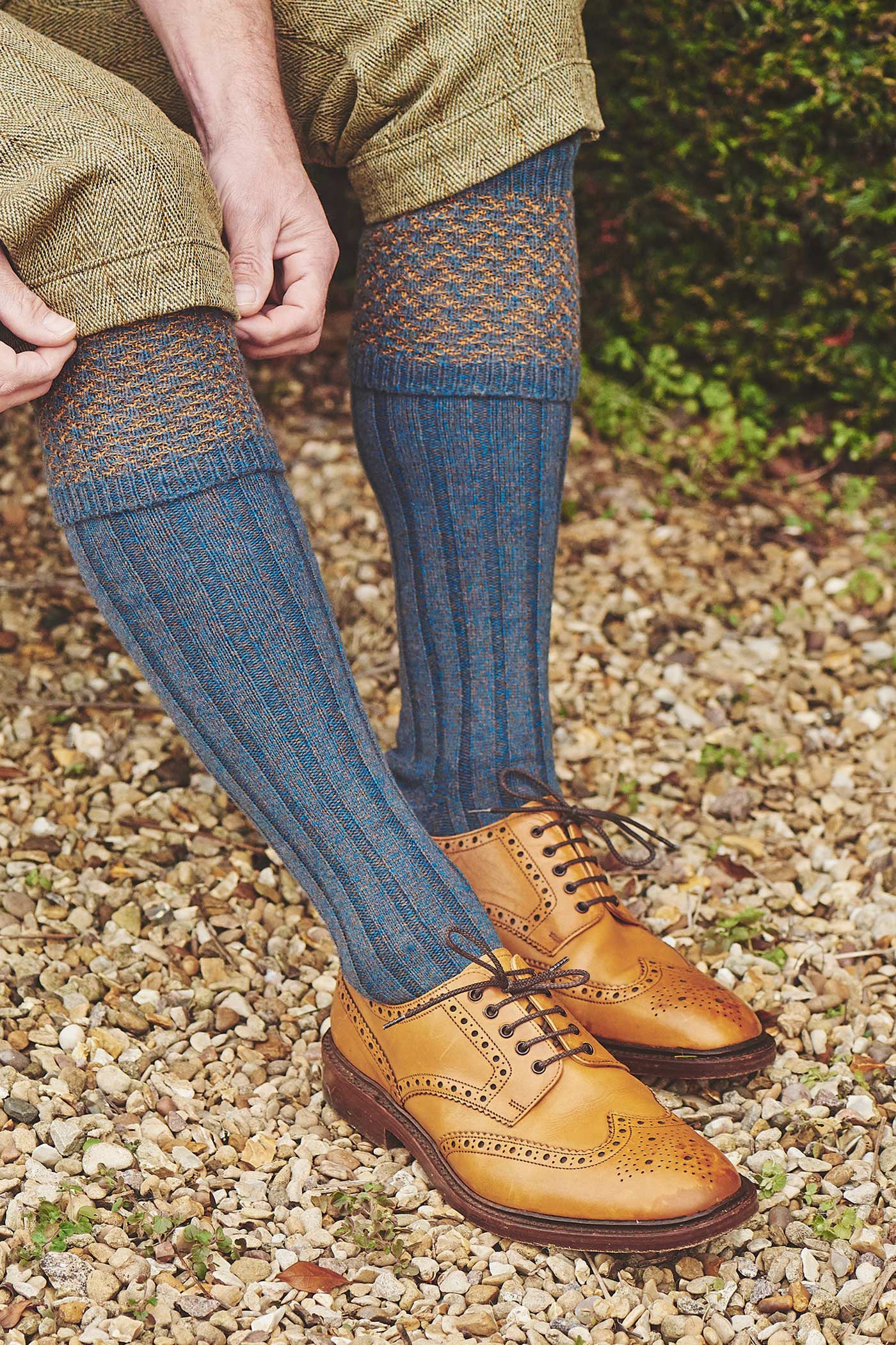 HJ Hall Honeycomb Texture Shooting Socks - Hatfield in Petrol – lifestyle styling shot