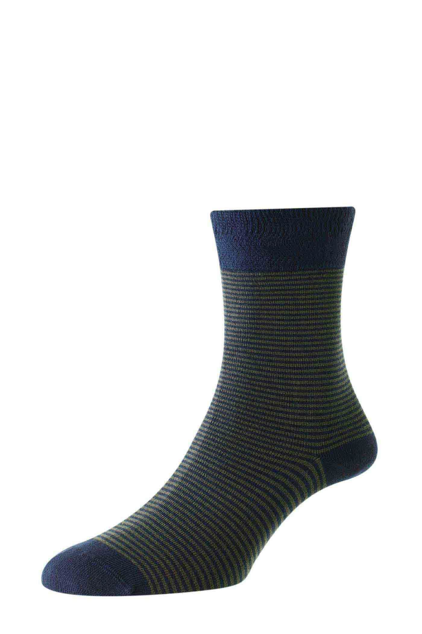 HJ Hall Men's Narrow Stripe Bamboo Comfort Top Socks in Navy/Khaki