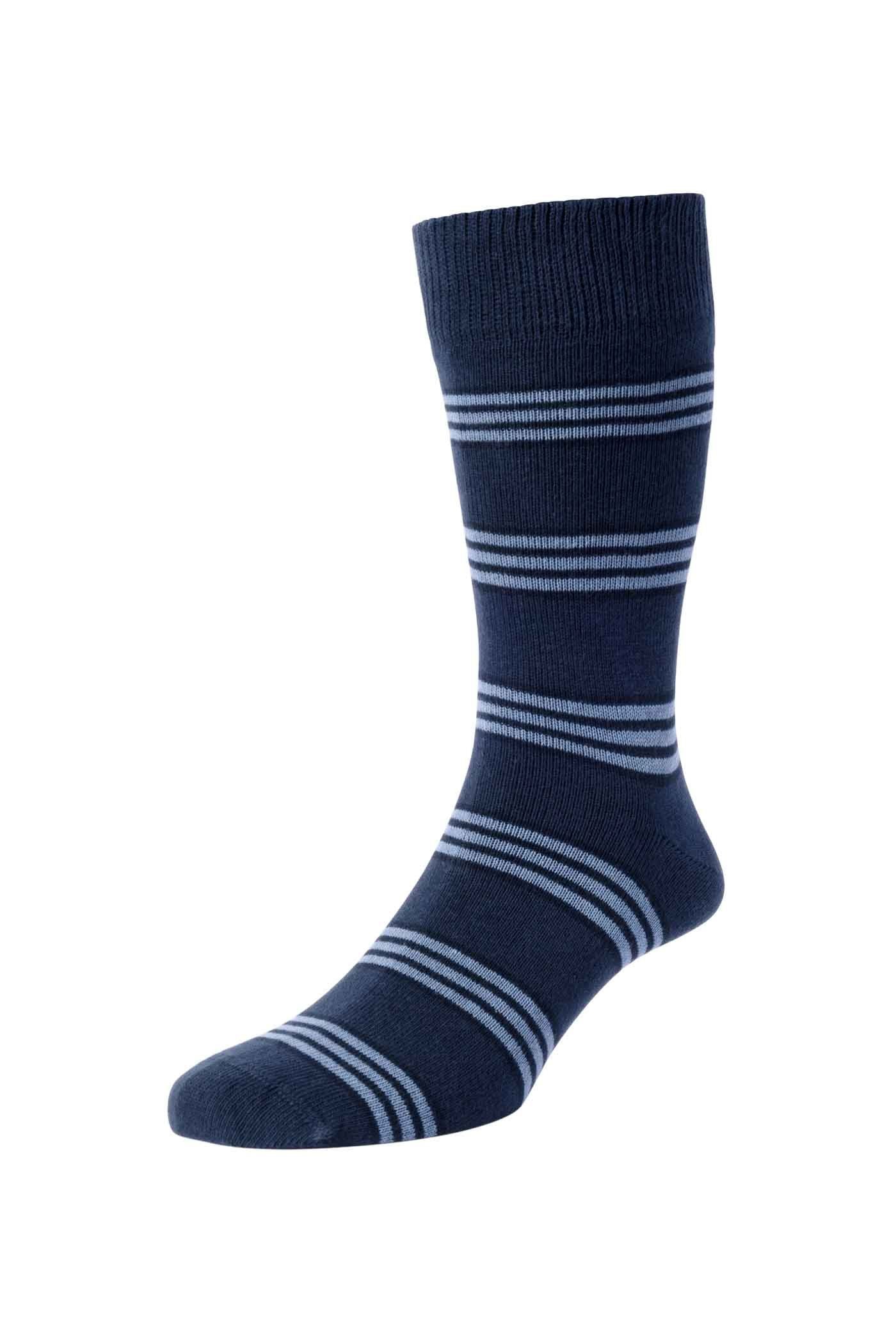 HJ Hall Men's Mid-Weight Stripe Organic Cotton Socks in Navy