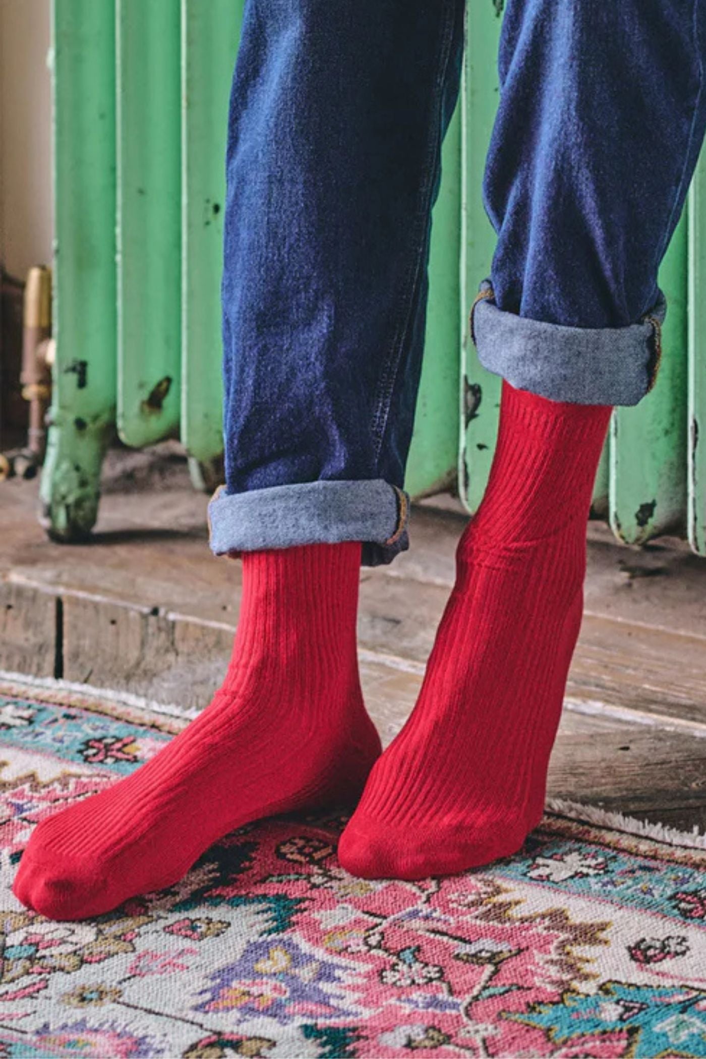 HJ Hall Men's Ribbed Bamboo Softop Socks in Red – close-up detail