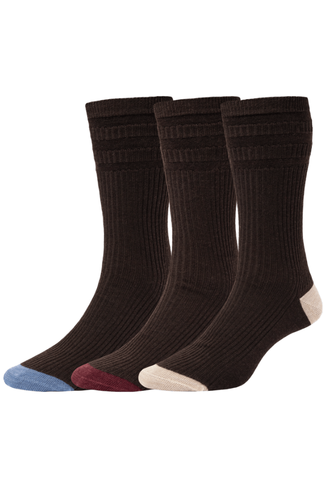 HJ Hall Men's Contrast Heel & Toe Wool Softop Socks - 3-Pair Pack in Brown Mix