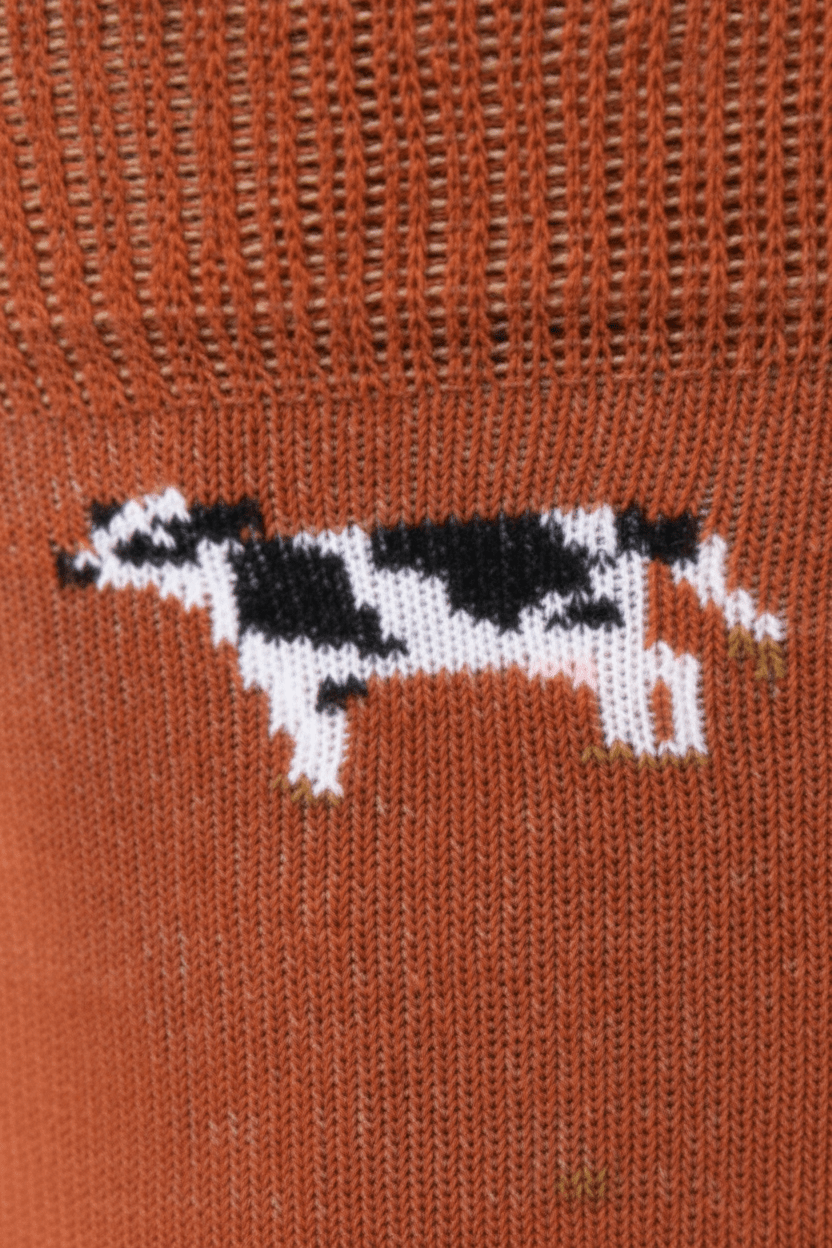 A single crew sock with a repeating pattern of small black-and-white cow illustrations.