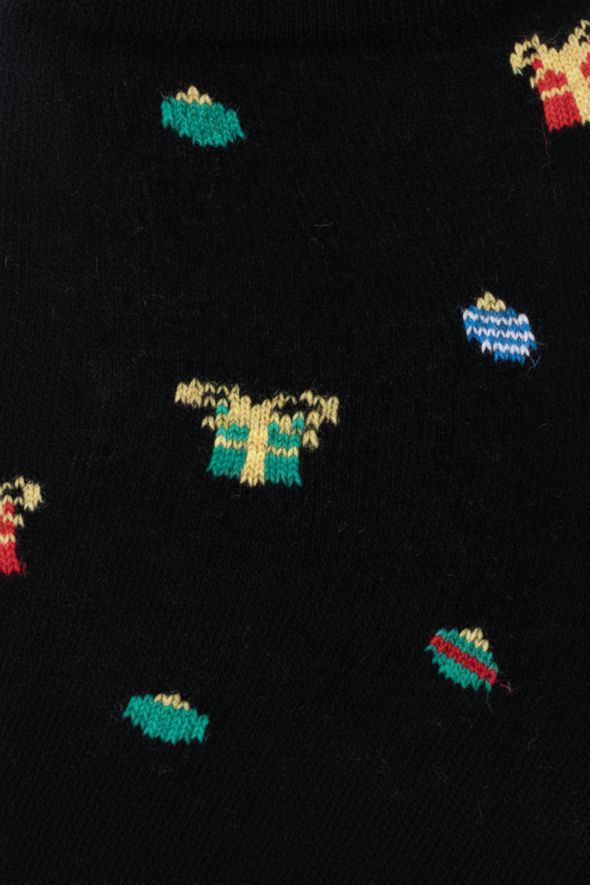 Close-up of a black knit fabric with small multicoloured embroidered motifs, including teal, yellow, blue, red, and green shapes.