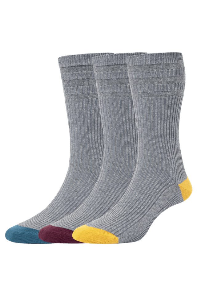 HJ Hall Men's Contrast Heel & Toe Cotton Softop Socks - 3-Pair Pack in Grey