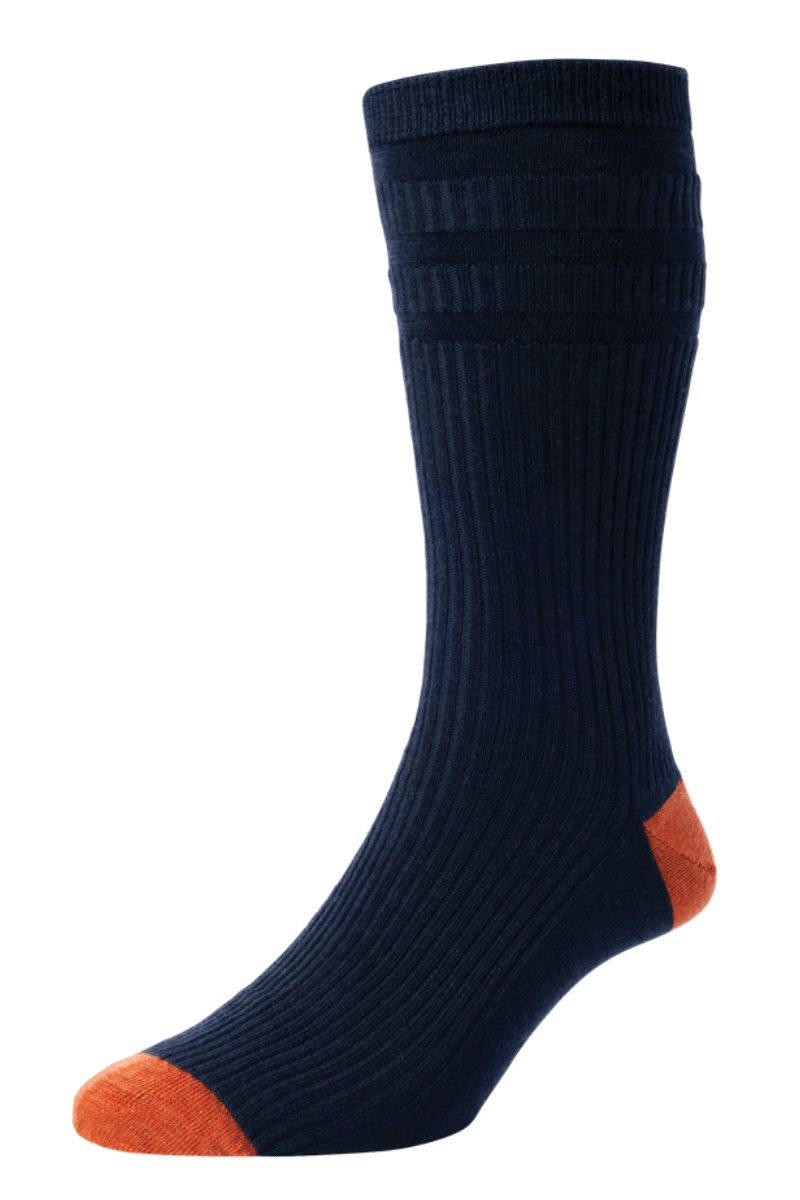 HJ Hall Men's Contrast Heel & Toe Wool Softop Socks in Navy Orange