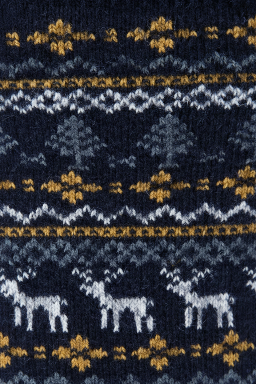 A single navy blue crew sock with a traditional Nordic pattern featuring white reindeer and yellow accents, shown against a plain white background.