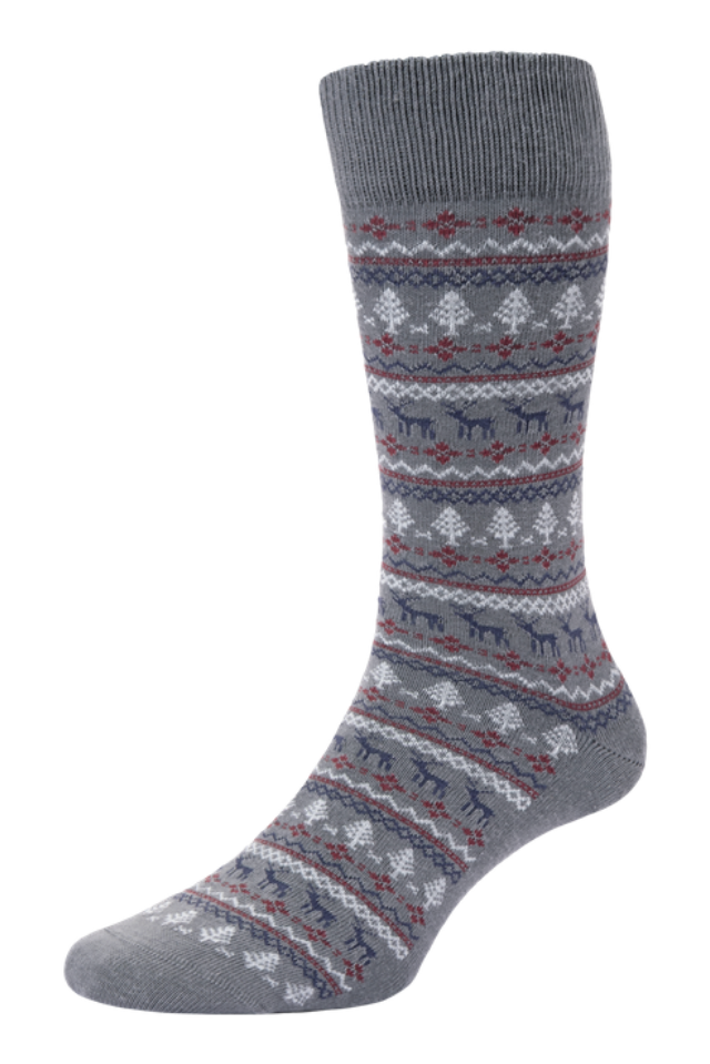HJ Hall Men's Festive Fairisle Cotton Socks in Grey