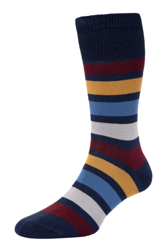 HJ Hall Men's Wide Stripe Cotton Comfort Top Socks in Navy