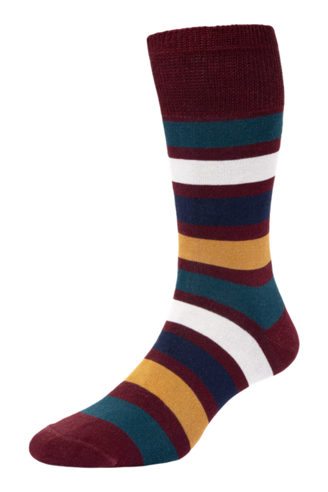 HJ Hall Men's Wide Stripe Cotton Comfort Top Socks in Wine