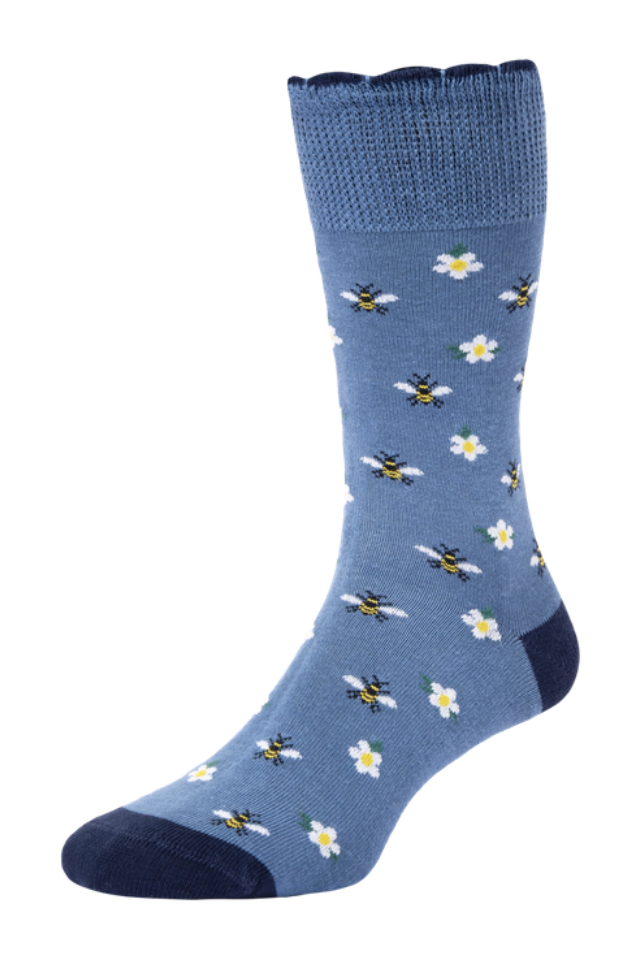 HJ Hall Women's Bee Motif Cotton Comfort Top Socks in Deep Blue