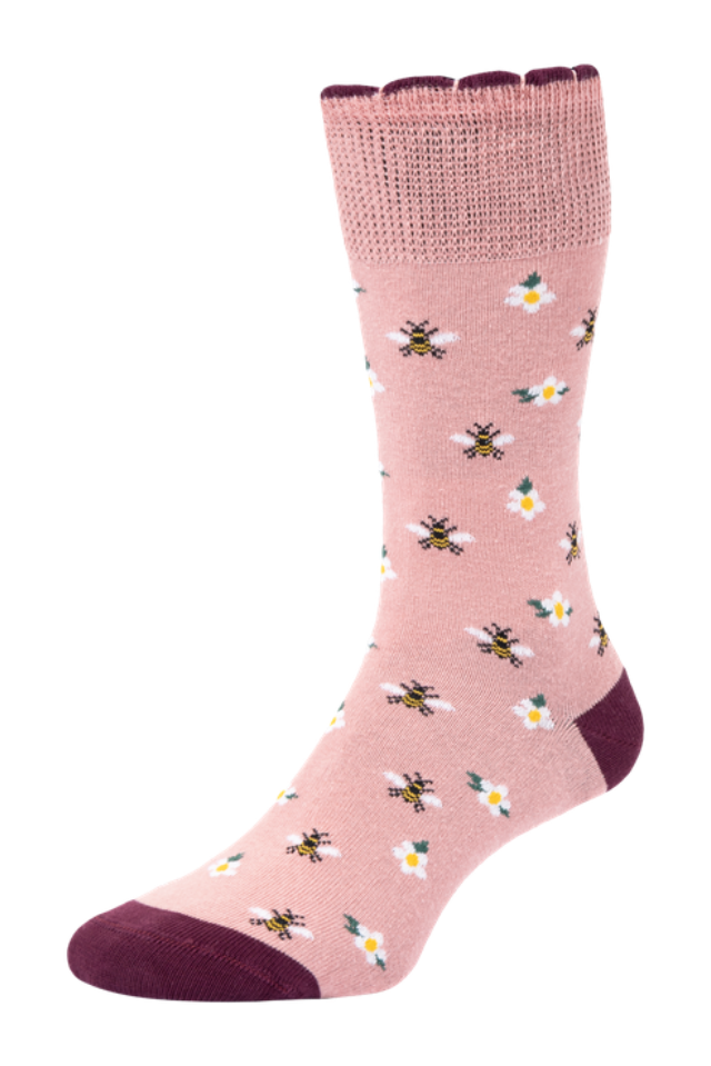 HJ Hall Women's Bee Motif Cotton Comfort Top Socks in Pink