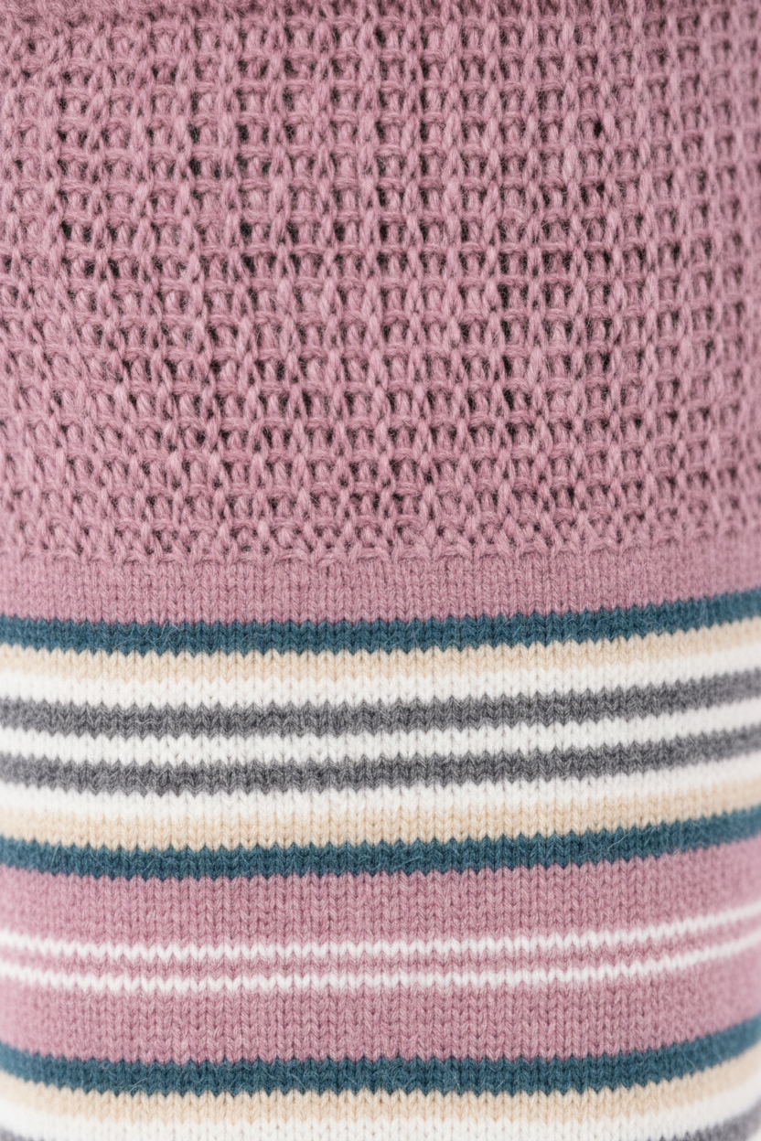 Close-up of a knit fabric with a dusty pink upper section and horizontal stripes in teal blue, cream, and pink near the bottom.