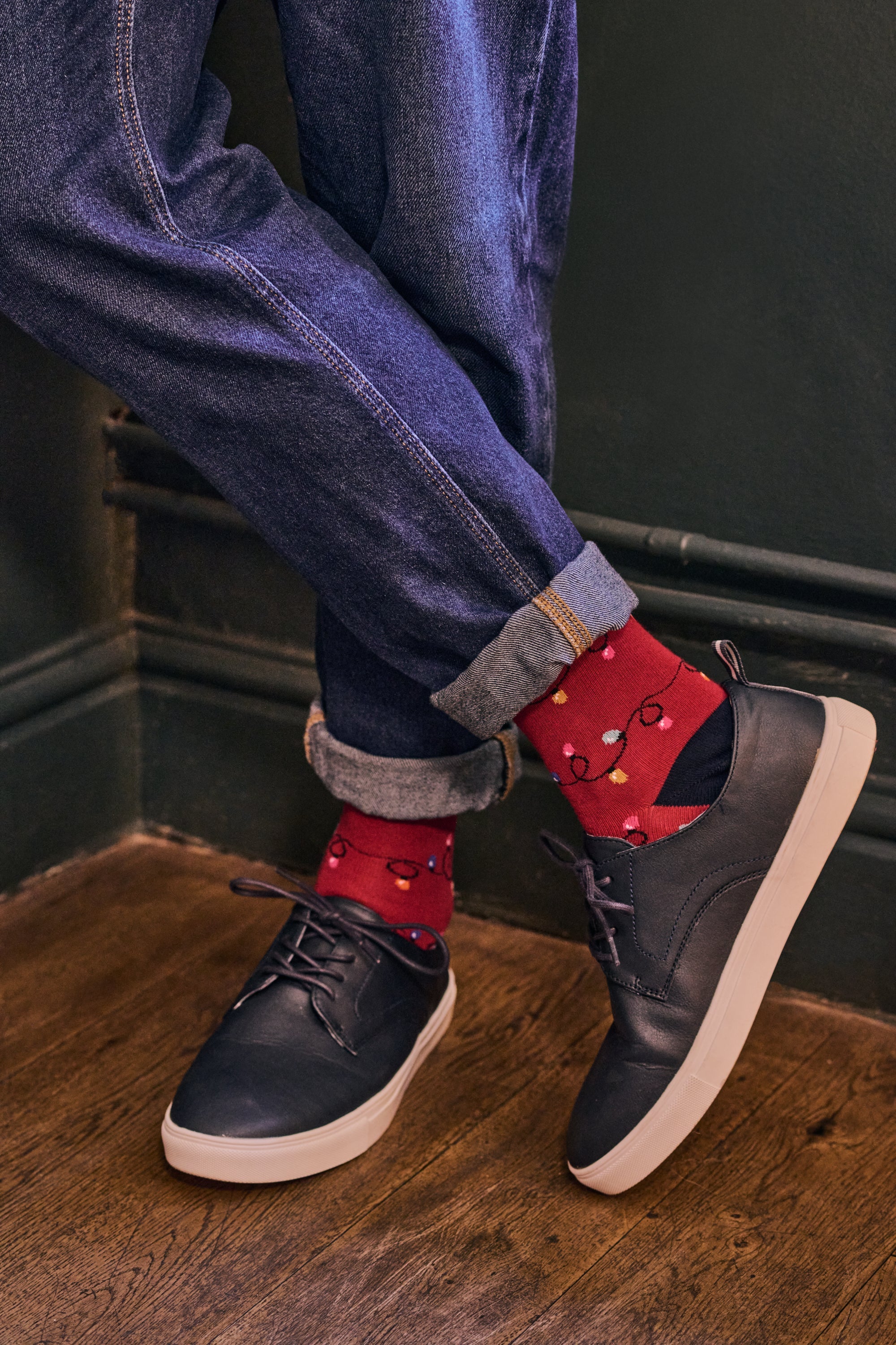 HJ Hall Men's Christmas Lights Motif Cotton Socks in Red – alternate view