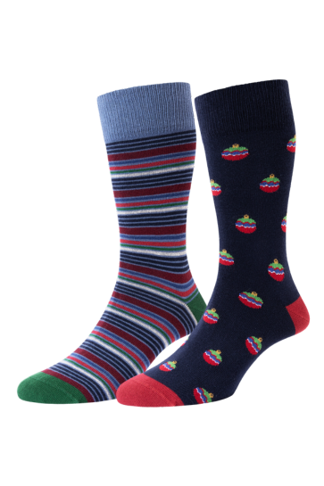 HJ Hall Men's Christmas Motif Cotton Socks - 2-Pair Pack in Navy/Red