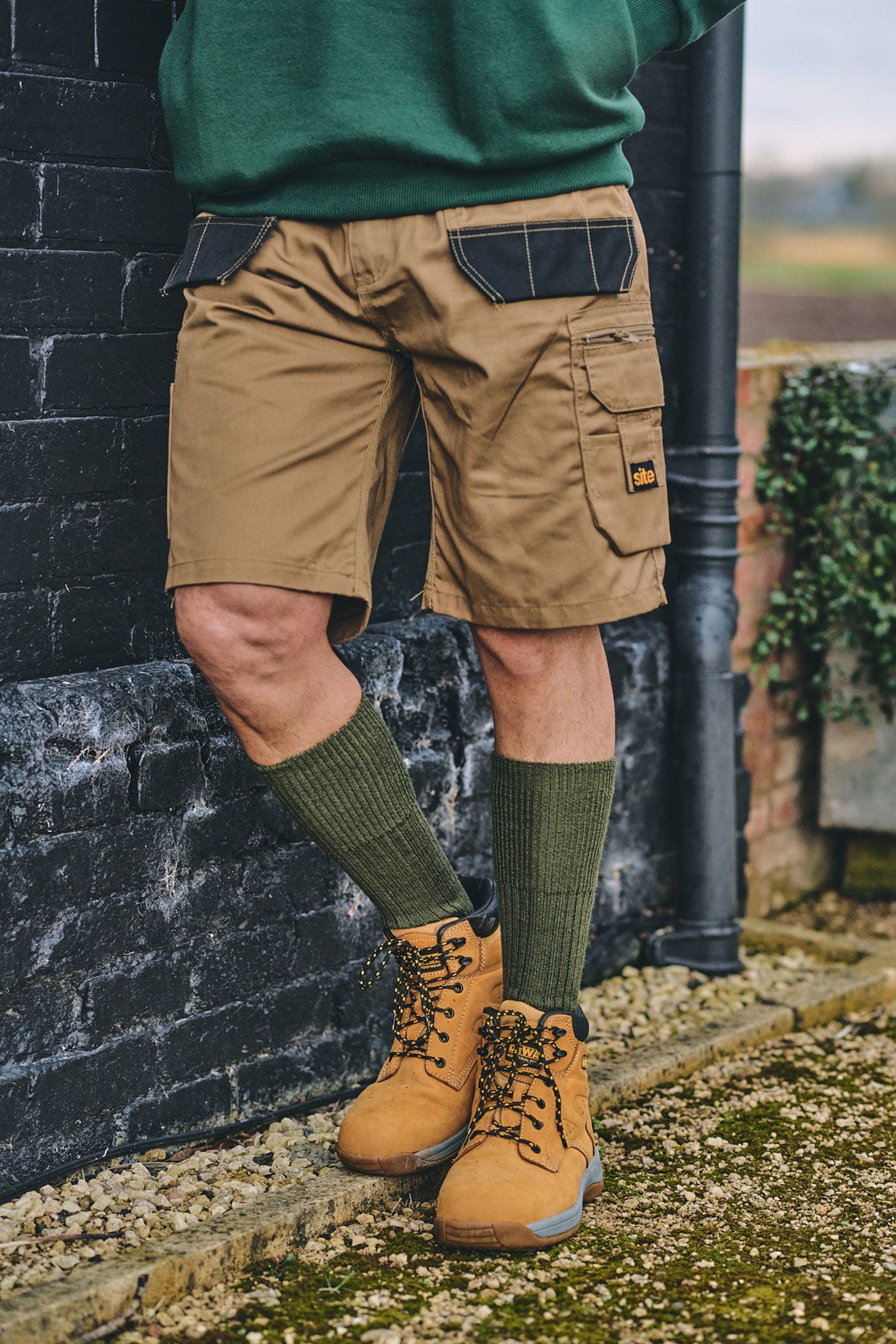HJ Hall Men's Wool Work Boot Socks - Commando in Olive – lifestyle shot
