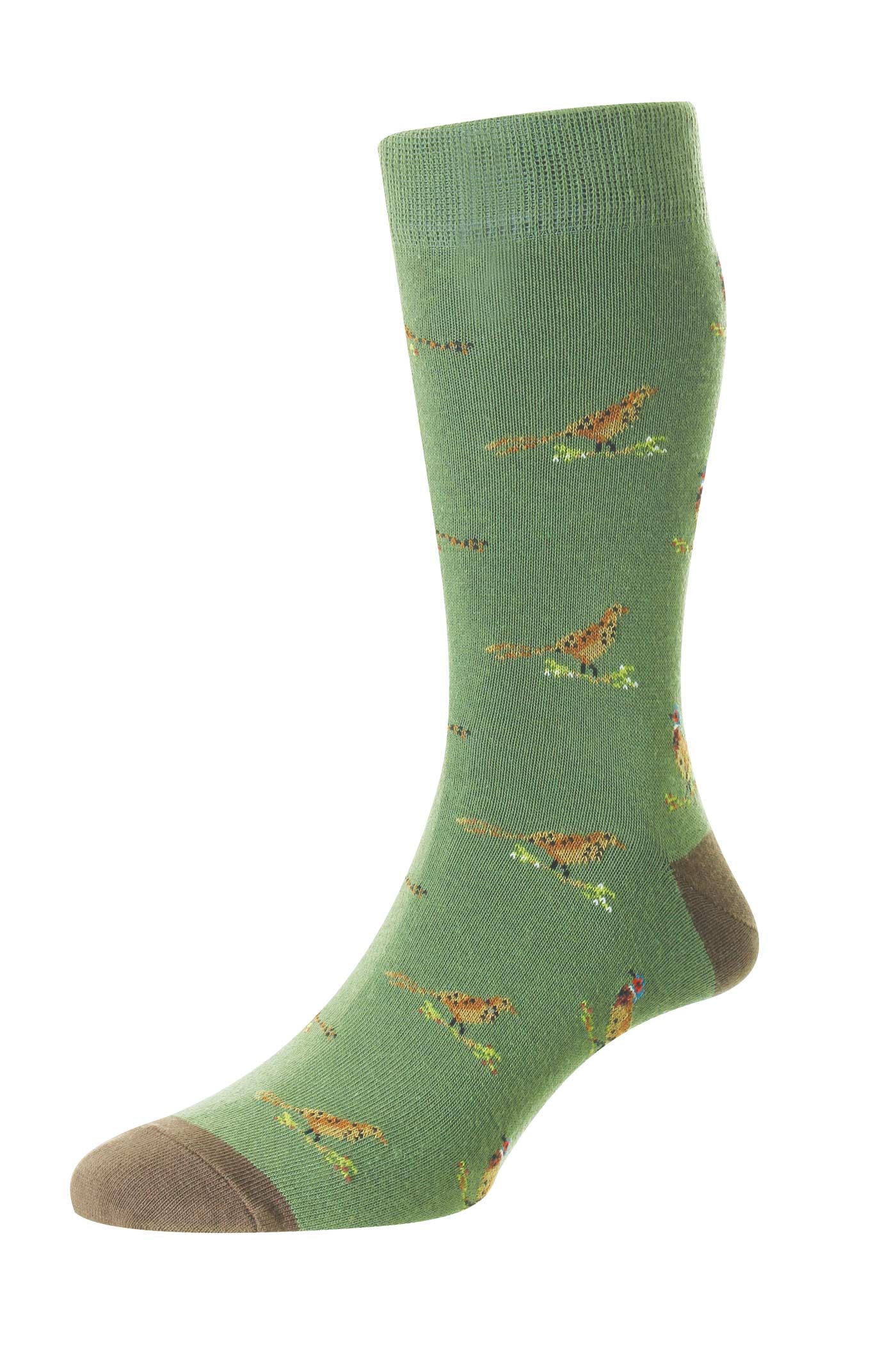HJ Hall Men's Pheasant & Grouse Motif Cotton Socks in Moss/Tan