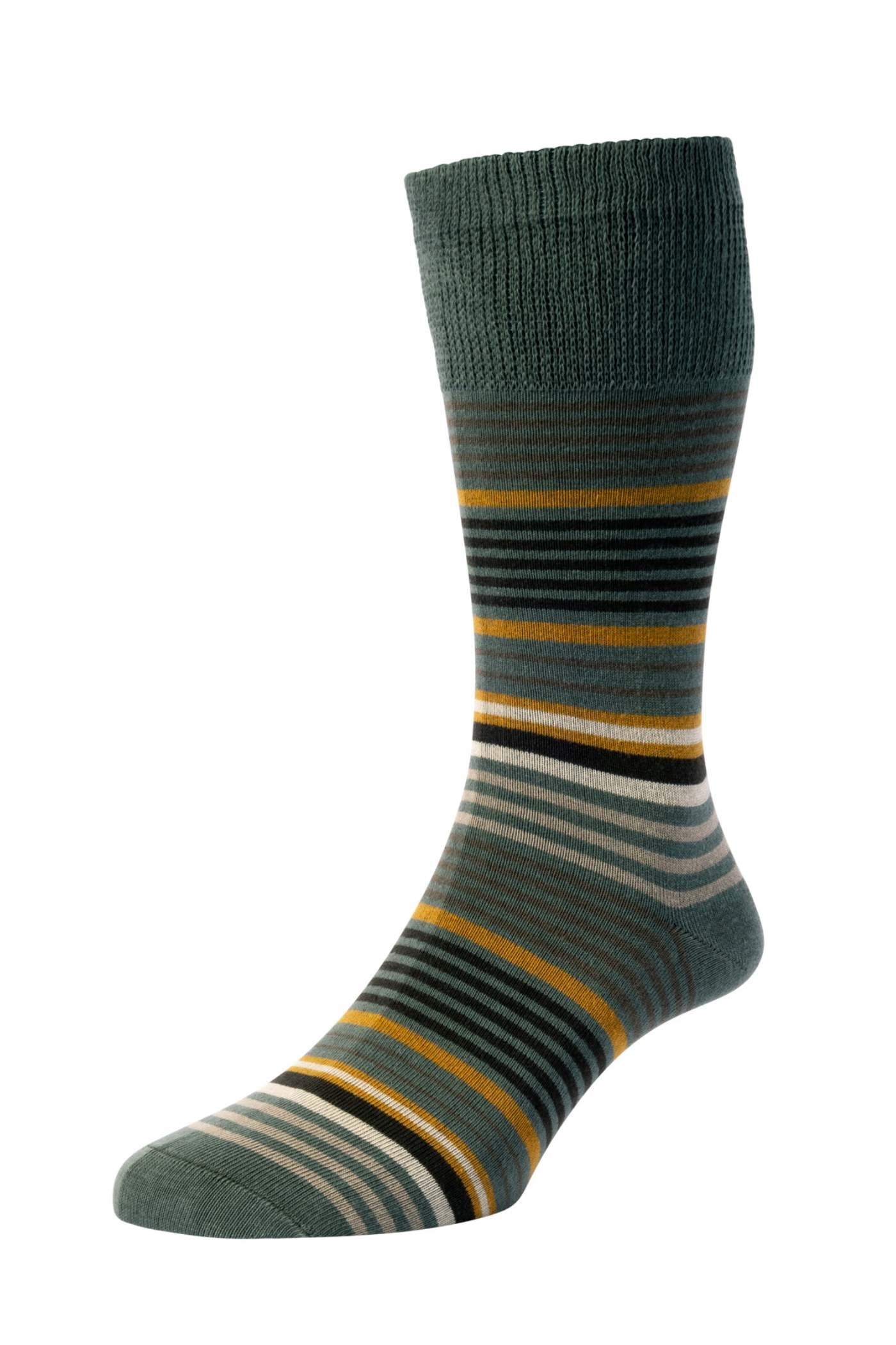 HJ Hall Men's Graduated Stripe Organic Cotton Comfort Top Socks in Khaki