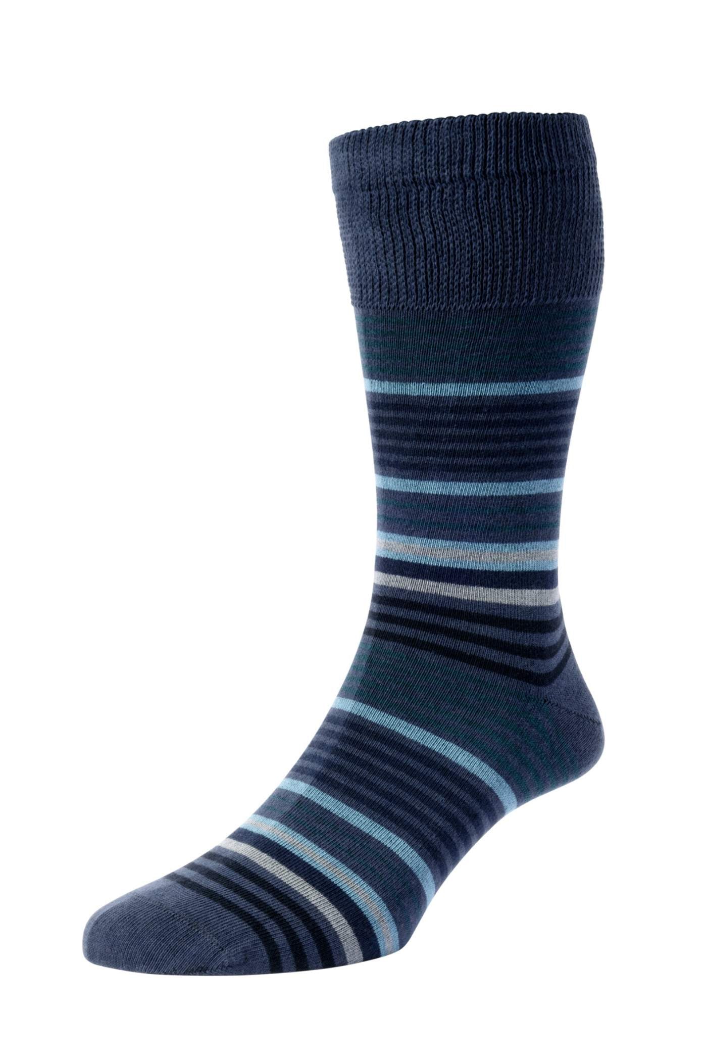 HJ Hall Men's Graduated Stripe Organic Cotton Comfort Top Socks in Slate Blue