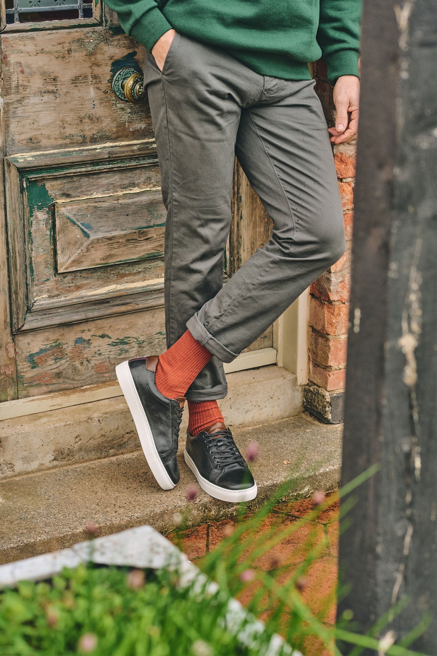 HJ Hall Men's Ribbed Wool Softop Socks in Burnt Orange – alternate view