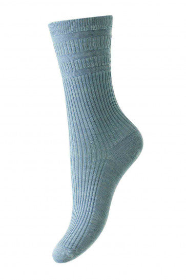 HJ Hall Women's Ribbed Wool Softop Socks in Sky Blue