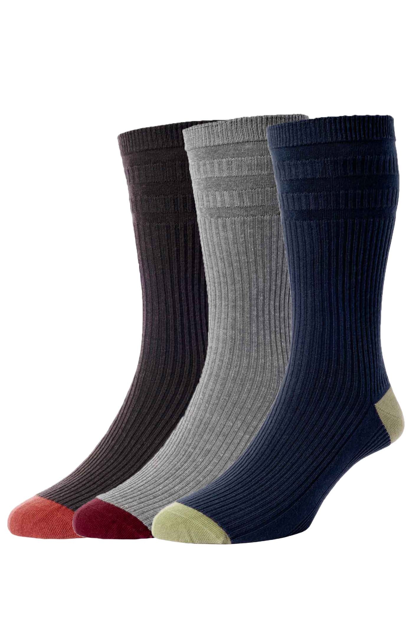 HJ Hall Men's Contrast Heel & Toe Cotton Softop Socks - 3-Pair Pack in Country Mix
