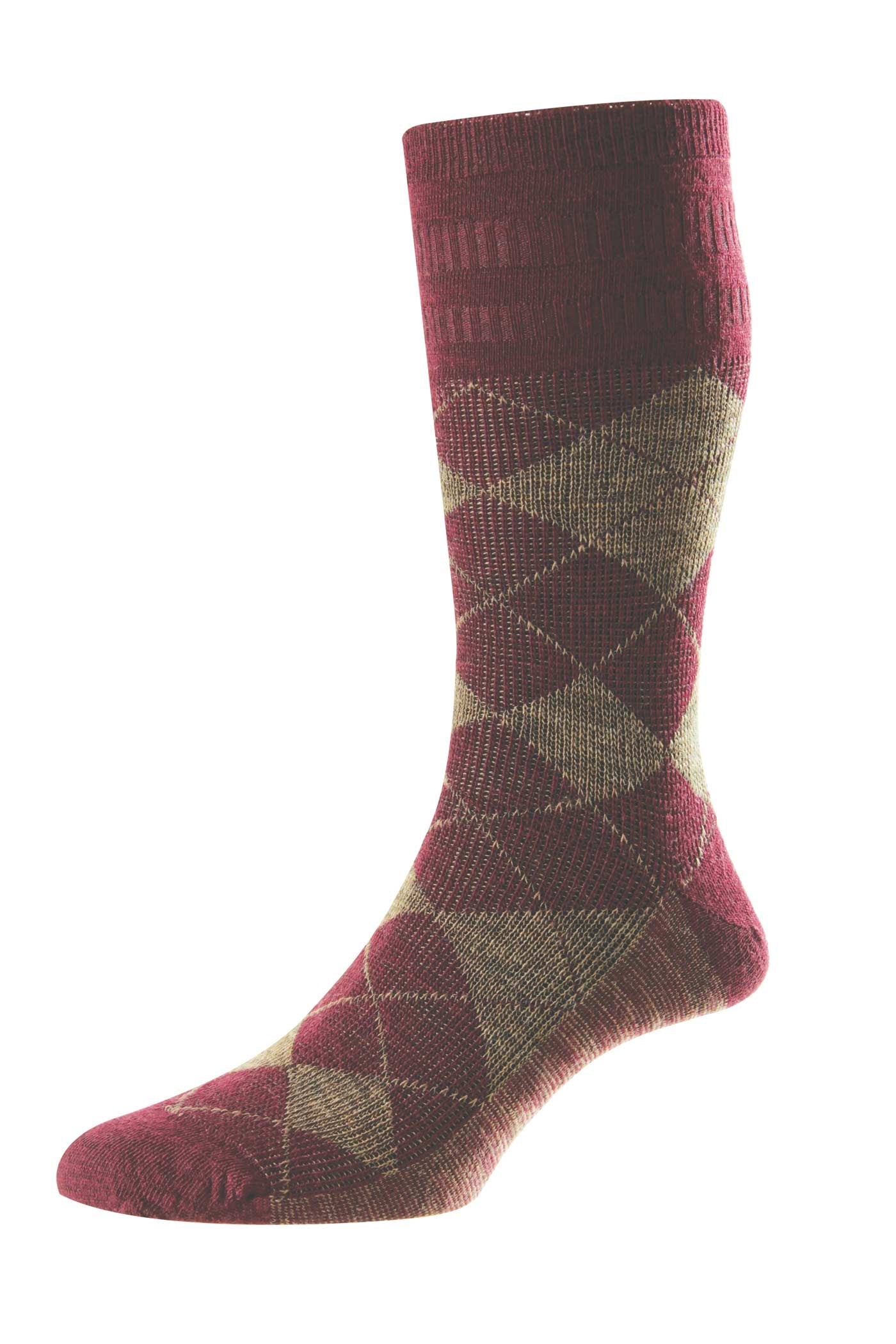 HJ Hall Men's Argyle Wool Softop Socks in Burgundy/Taupe