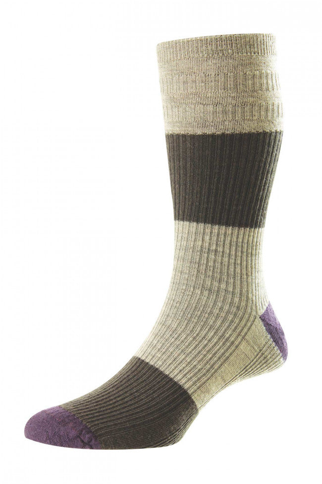 HJ Hall Men's Block Stripe Wool Softop Socks in Dark Brown/Beige/Purple