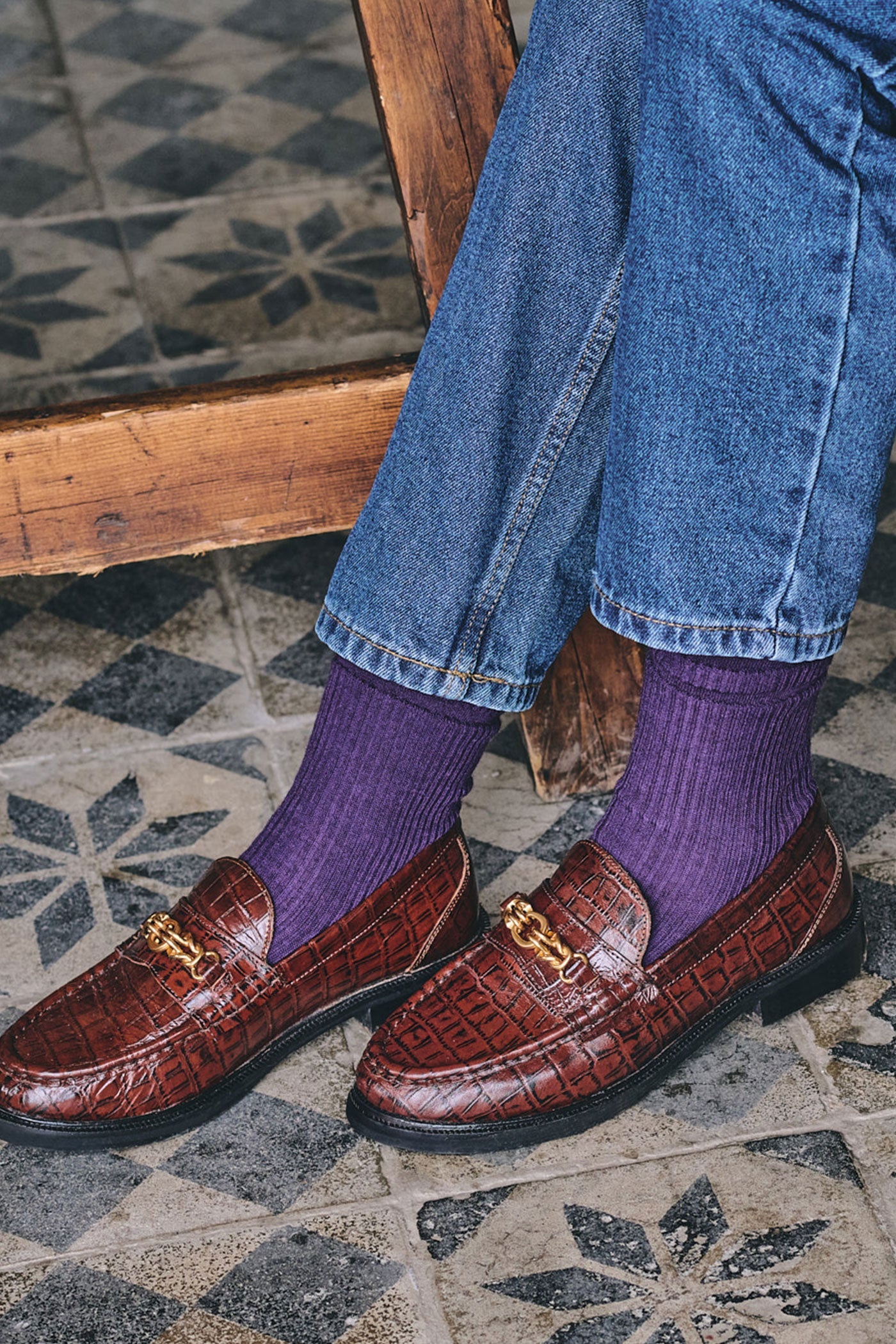 HJ Hall Women's Ribbed Wool Softop Socks in Blackberry – lifestyle shot