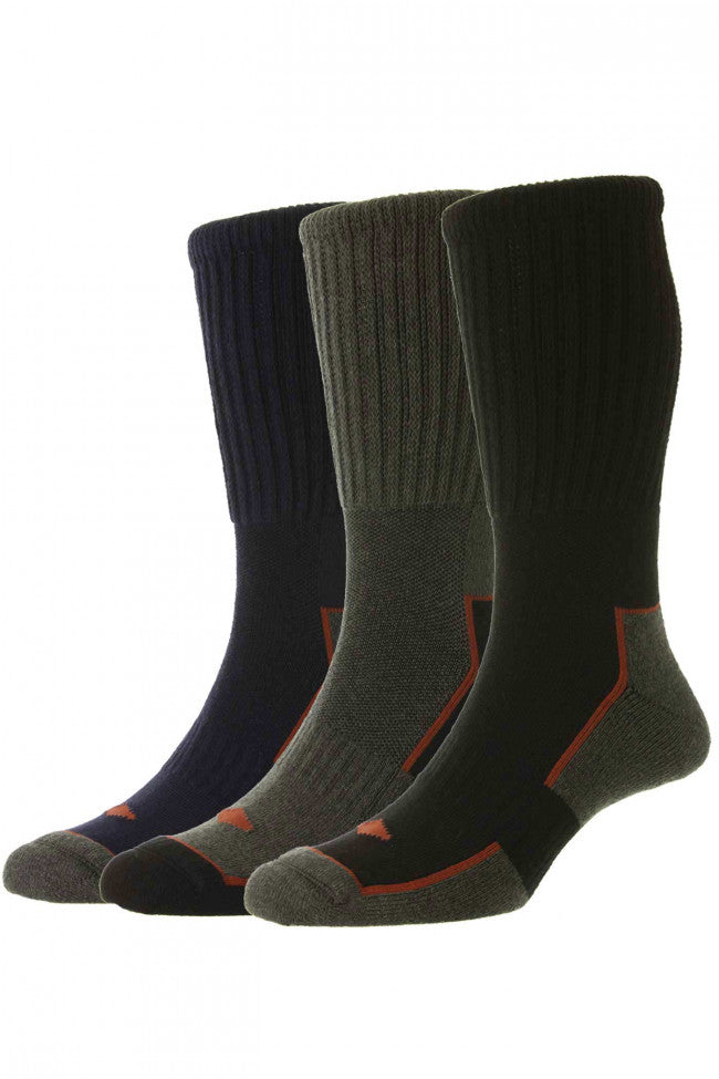 HJ Hall Men's Long Cotton Comfort Top Work Socks - 3 Pair Pack in Black/Grey/Navy