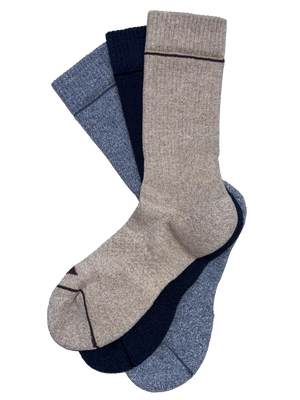 Three pairs of crew socks in heathered beige, navy, and slate blue, arranged in a fan shape on a solid white background.