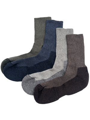 Four pairs of crew socks in muted gray, navy, light gray, and dark brown tones, arranged overlapping on a plain white background.