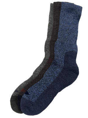 A pair of heathered crew socks in shades of navy blue and dark gray, shown on a plain white background.