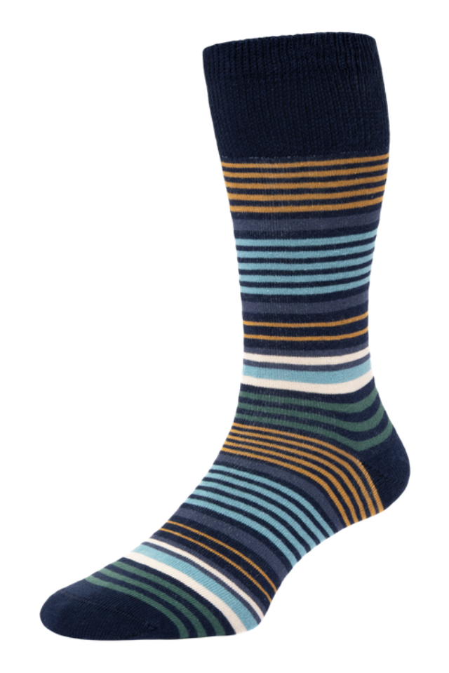 Graduated Stripe Cotton Comfort Top Socks In Navy