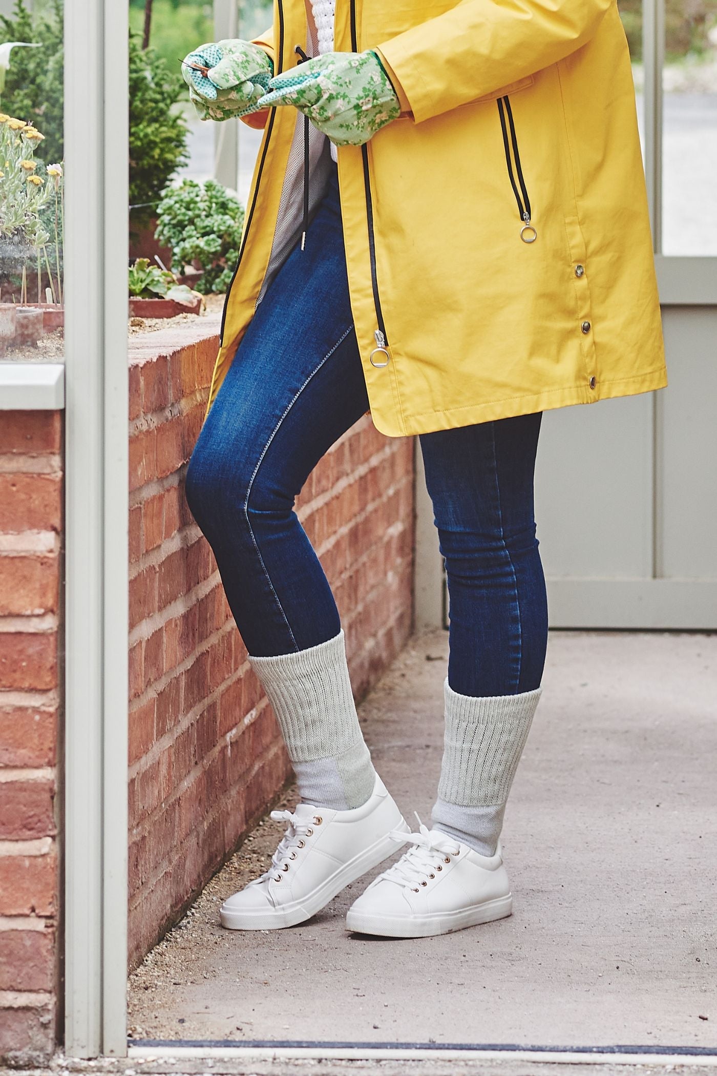 HJ Hall Cotton Garden Sock in Sage – gardening lifestyle shot