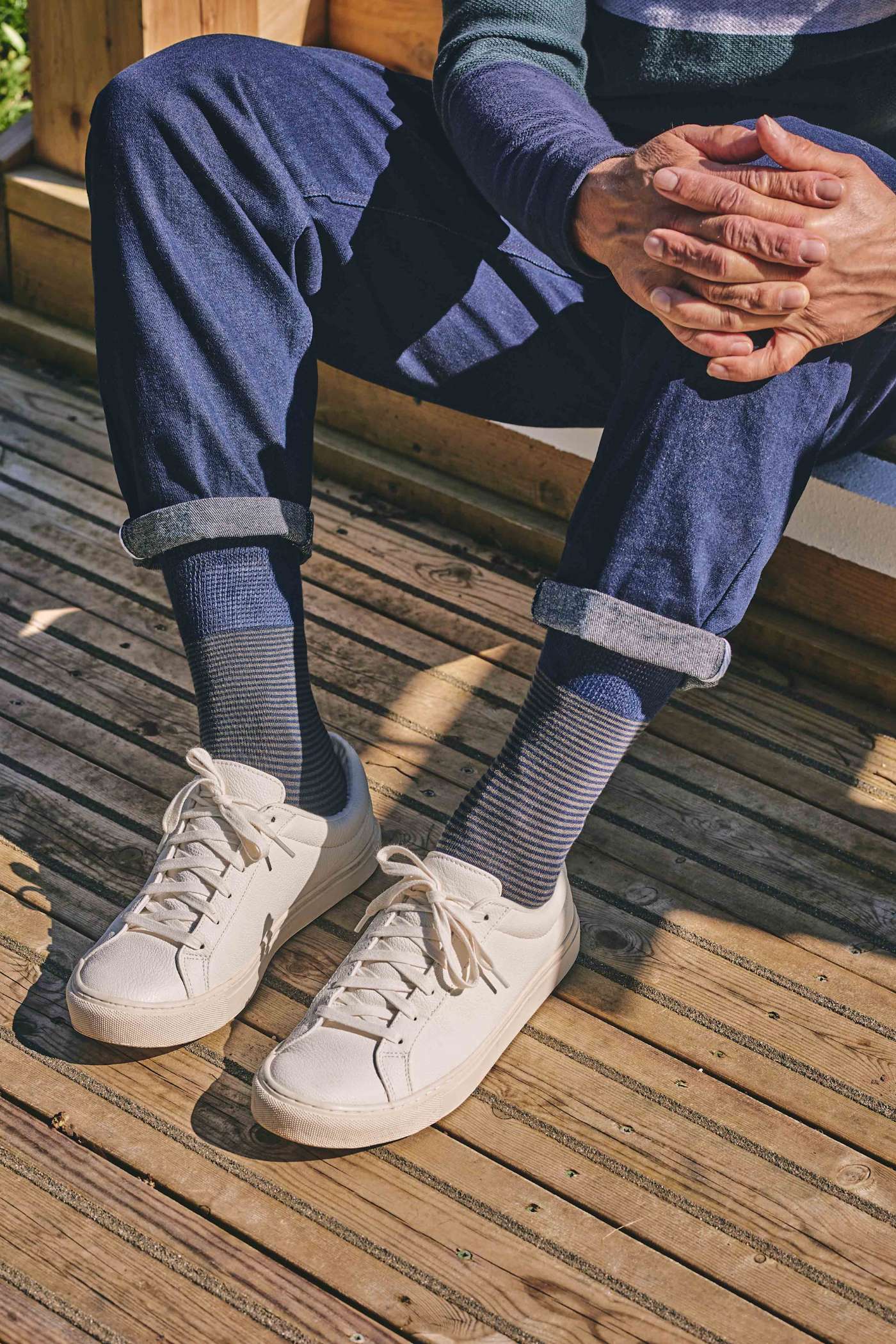 HJ Hall Men's Narrow Stripe Bamboo Comfort Top Socks in Navy – lifestyle styling shot