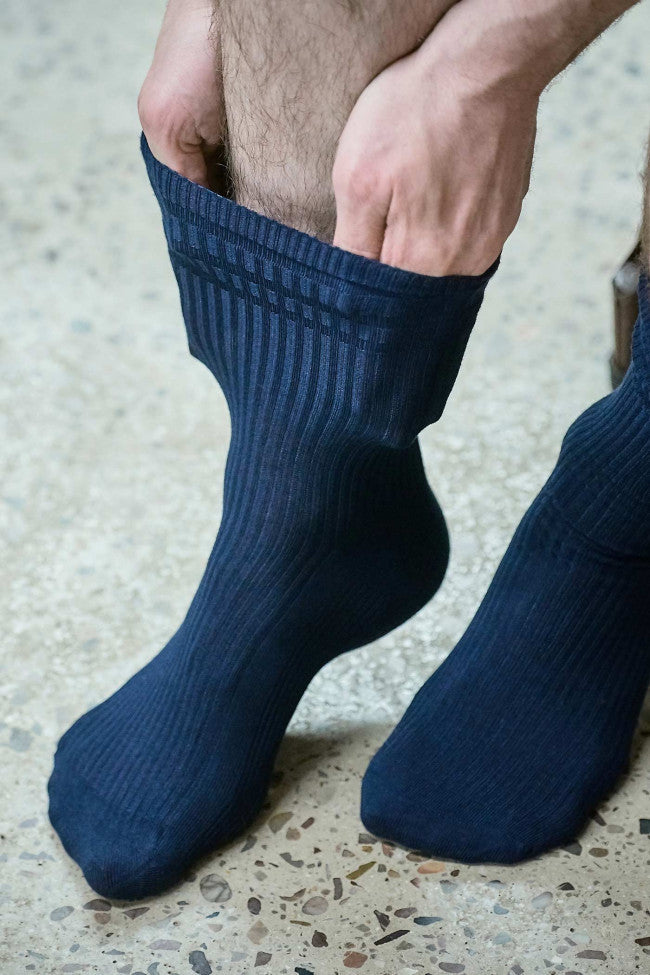 HJ Hall Men's Ribbed Cotton Softop Socks in Navy – shown on the leg