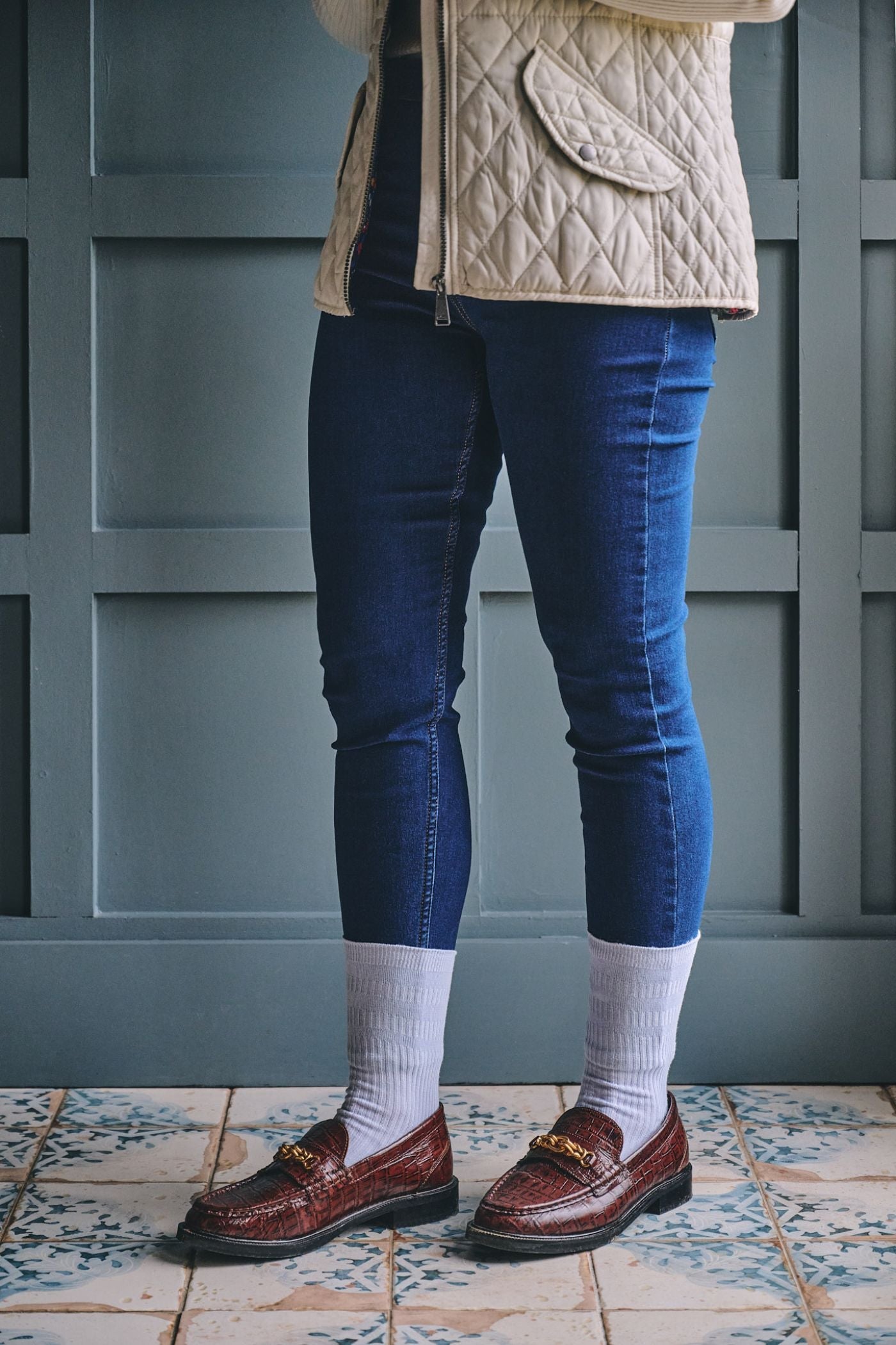 HJ Hall Women's Ribbed Bamboo Softop Socks in Powder Blue – close-up detail