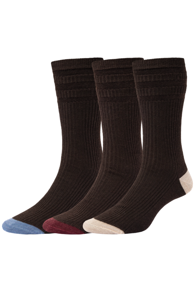 HJ Hall Men's Contrast Heel & Toe Wool Softop Socks - 3-Pair Pack in Brown Mix