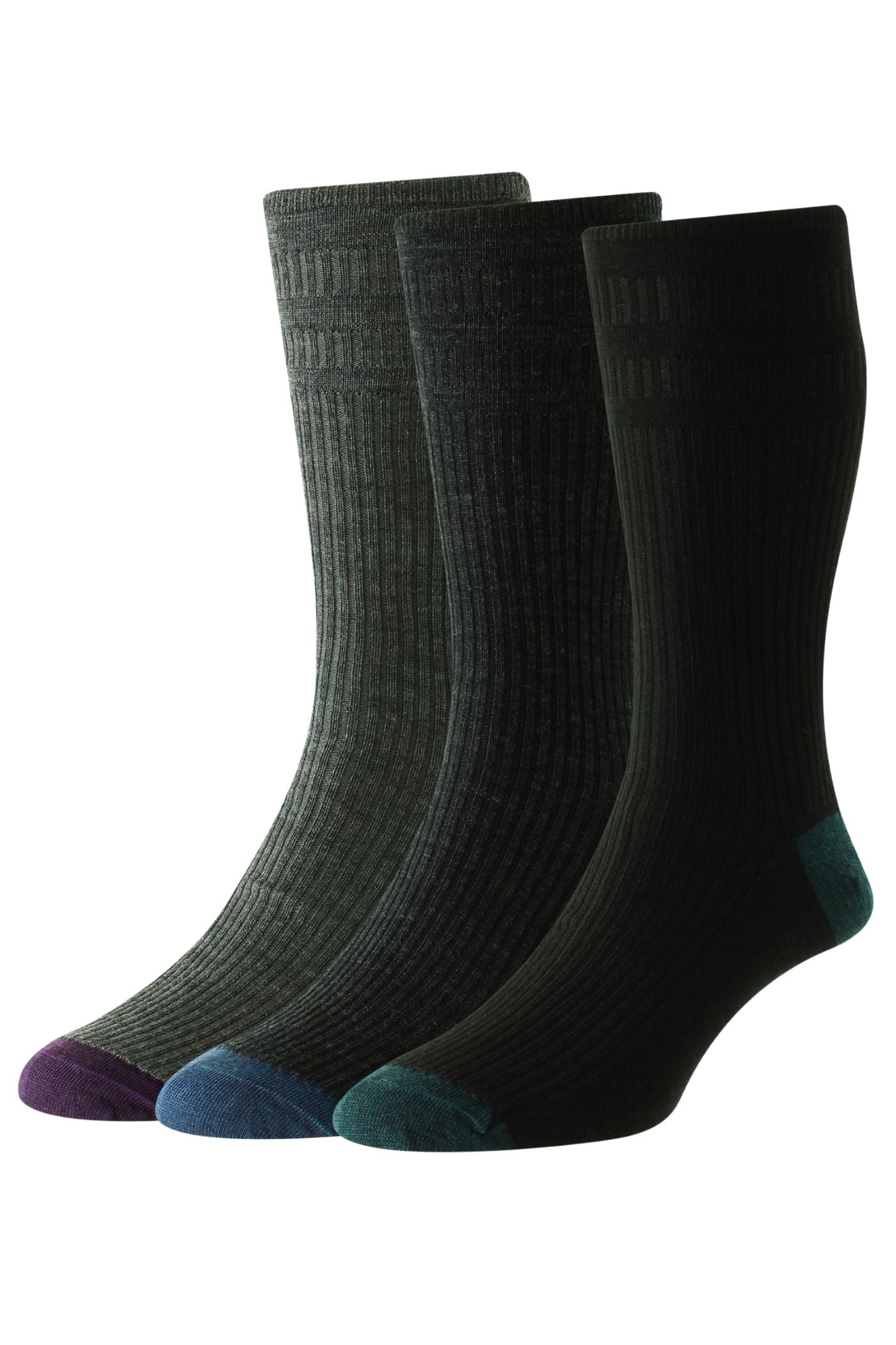 HJ Hall Men's Contrast Heel & Toe Wool Softop Socks - 3-Pair Pack in Grey Mix