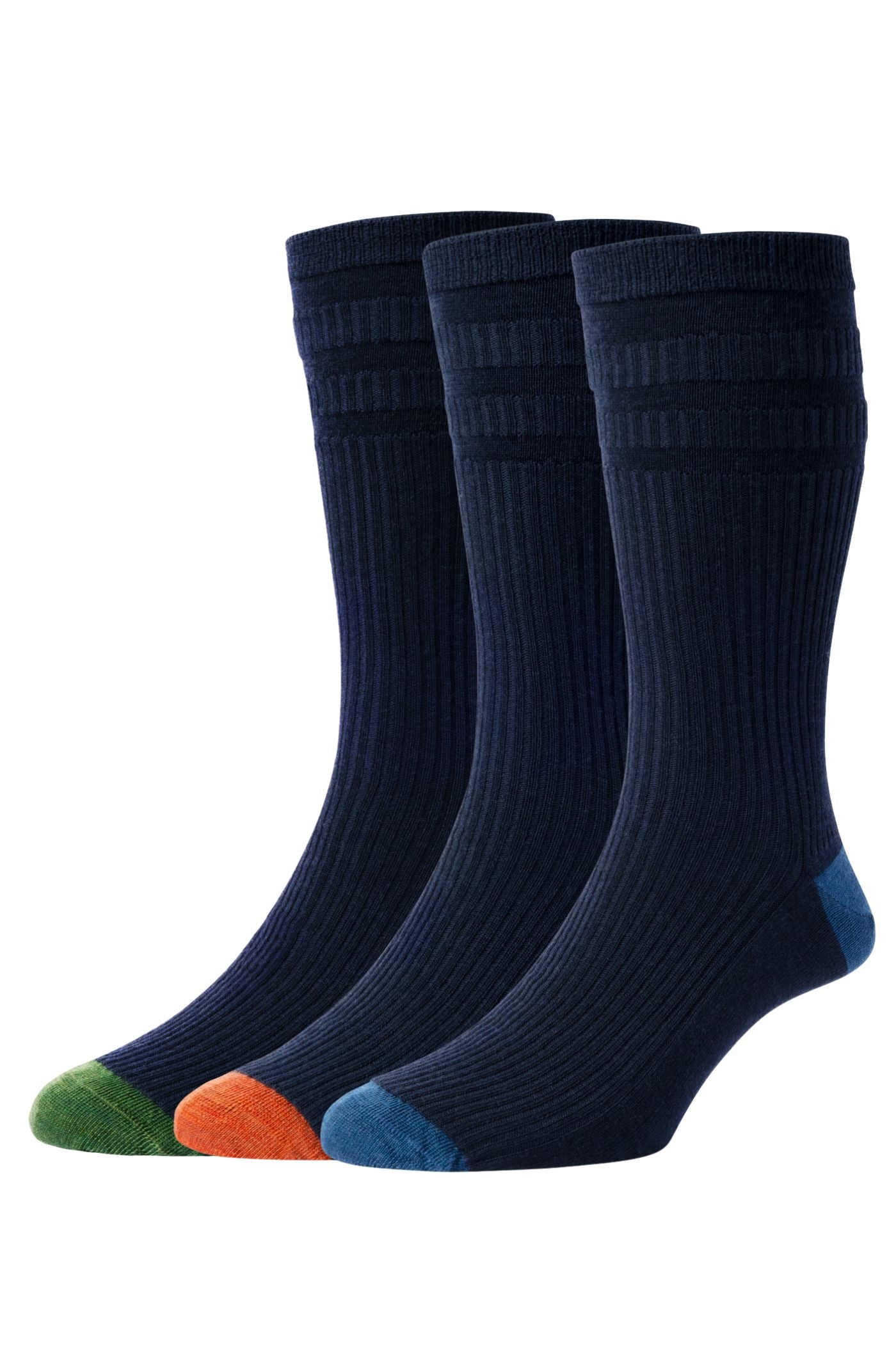 HJ Hall Men's Contrast Heel & Toe Wool Softop Socks - 3-Pair Pack in Navy Mix