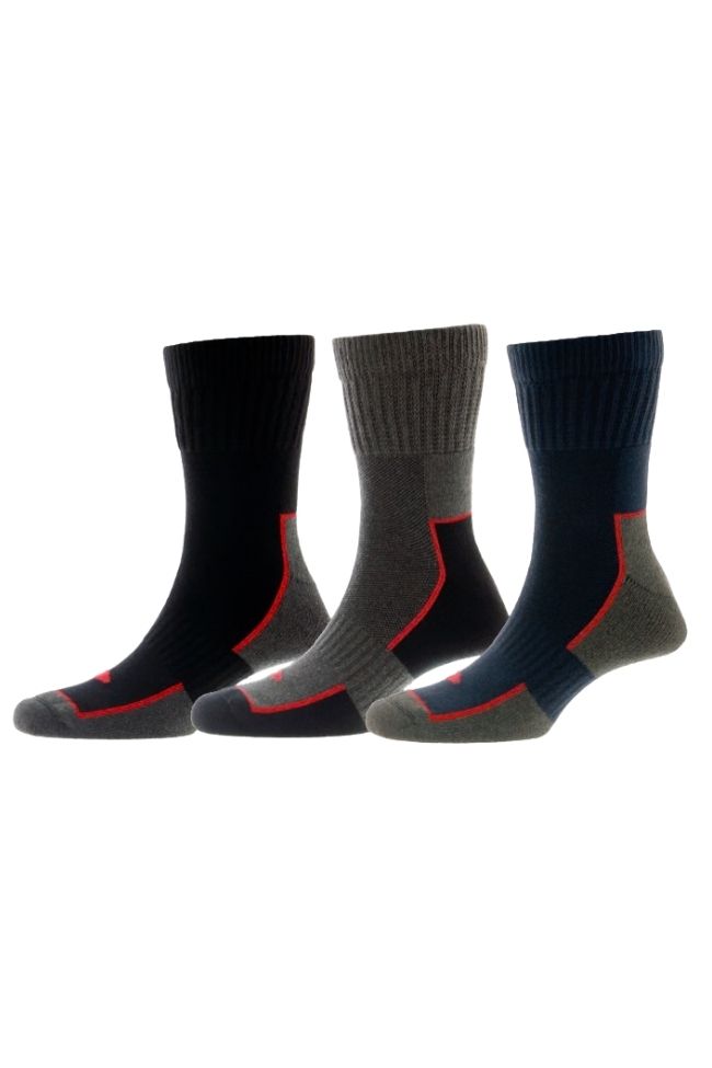 HJ Hall Men's Black Mix Cotton Comfort Top Crew Work Socks - 3-Pair Pack in Black/Grey/Navy