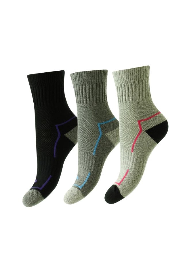 HJ Hall Women's Black Mix Cotton Comfort Top Crew Work Socks - 3-Pair Pack in Black/Mid Grey/Light Grey