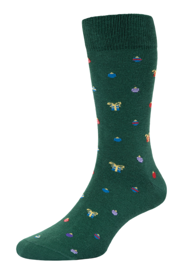 HJ Hall Men's Christmas Gifts & Baubles Motif Cotton Socks in Green
