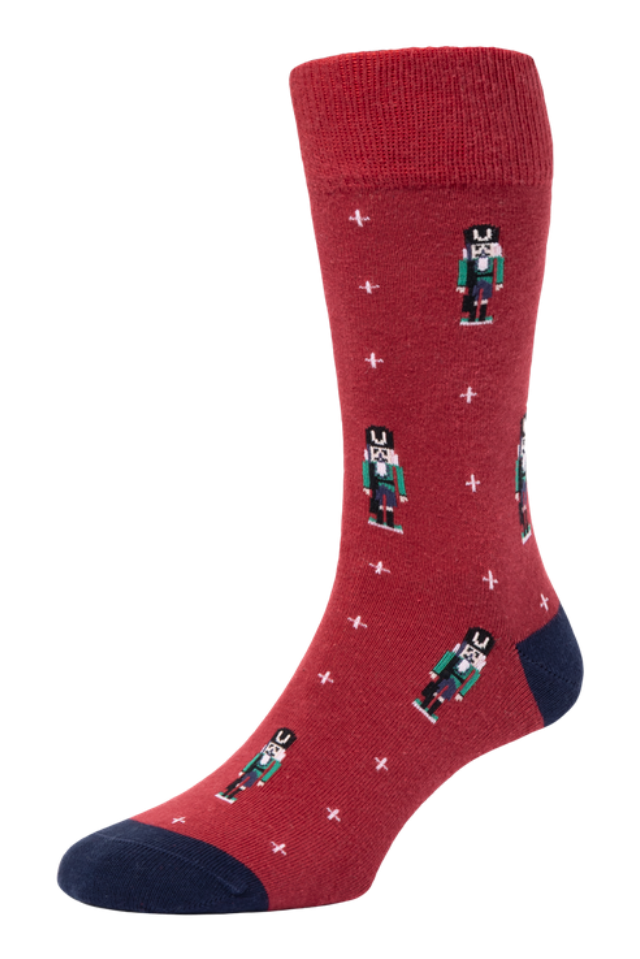HJ Hall Men's Christmas Nutcracker Motif Cotton Socks in Red