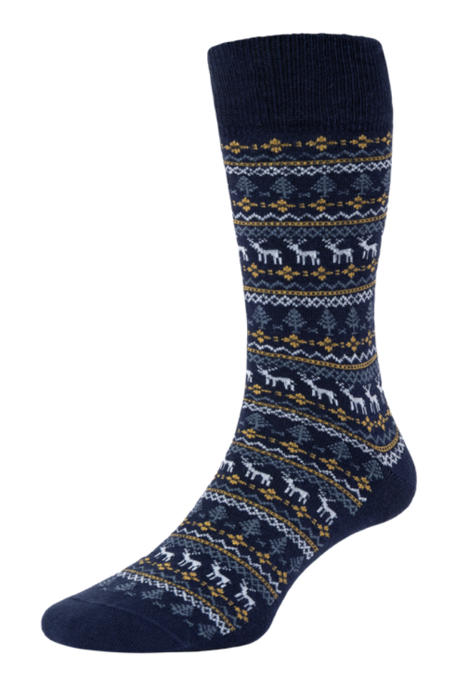 HJ Hall Men's Festive Fairisle Cotton Socks in Navy