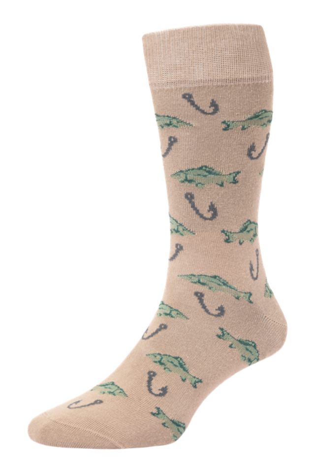 HJ Hall Men's Fishing Motif Cotton Socks in Light Brown